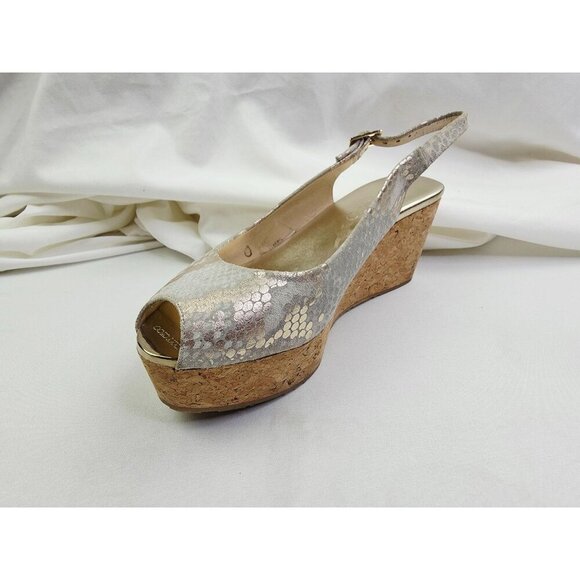Jimmy Choo Size 38.5 (US 8.5) Womens Snake Print Peep Toe Sling Back Logo Wedge - Picture 1 of 16